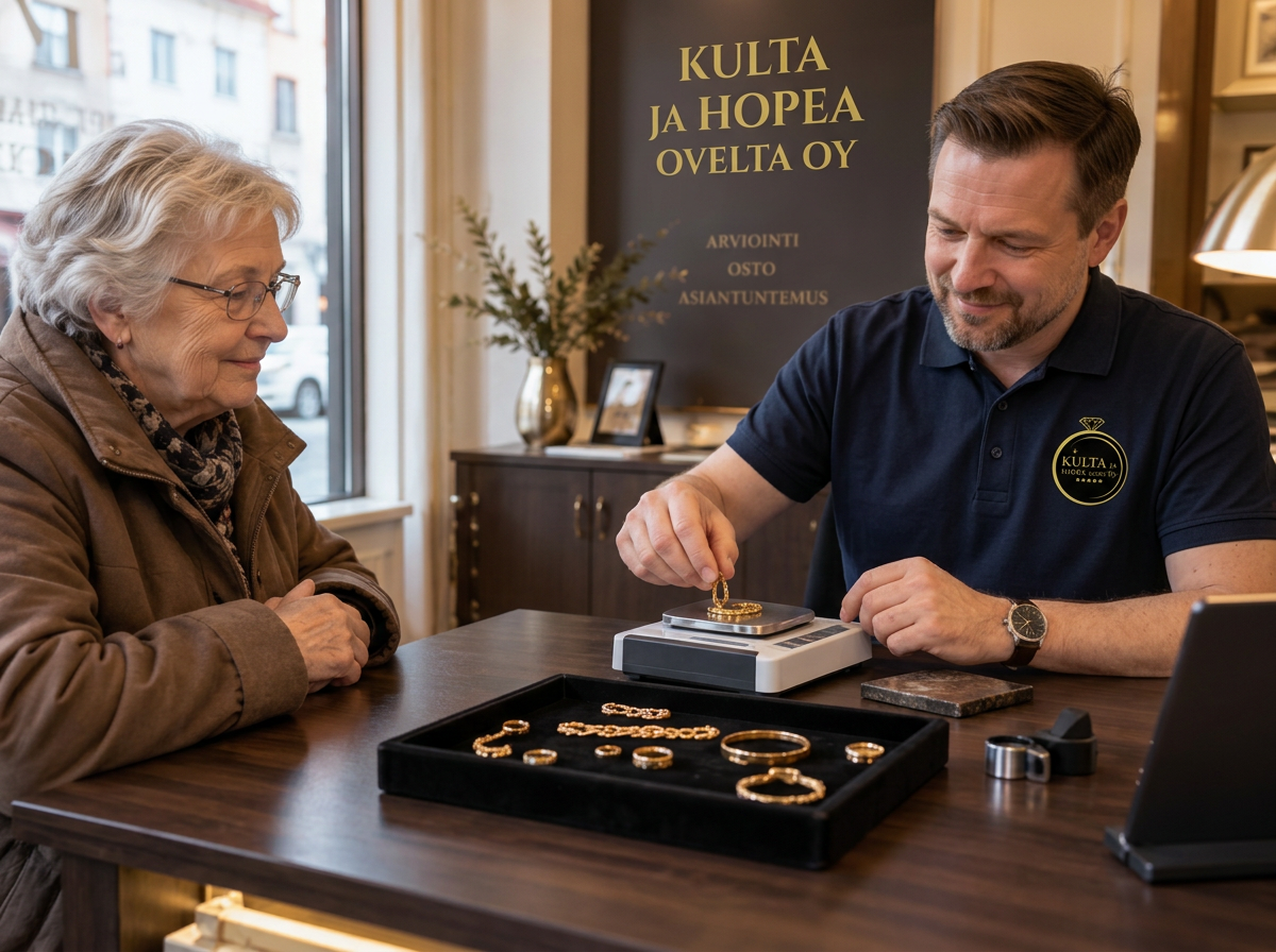 Asiantuntija punnitsee asiakkaan kultakoruja reilua kauppaa varten